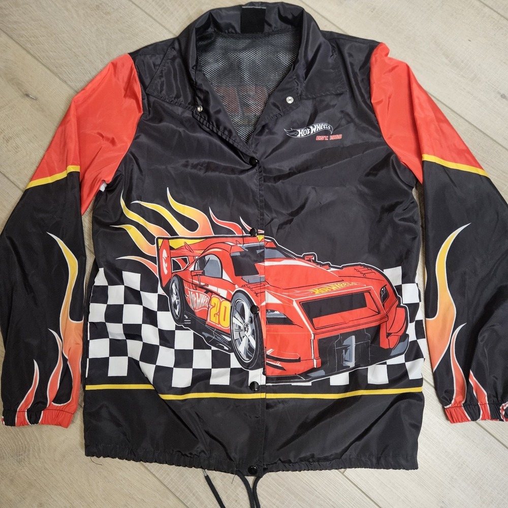 Hot Wheels Coach Jacket Windbreaker Flames Checkered Flag Graphic Size Medium